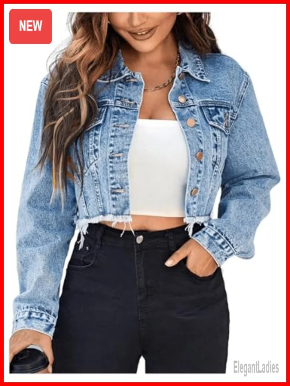 Cropped Denim Jacket Raw Hem Long Sleeve Button Down Flap Pockets